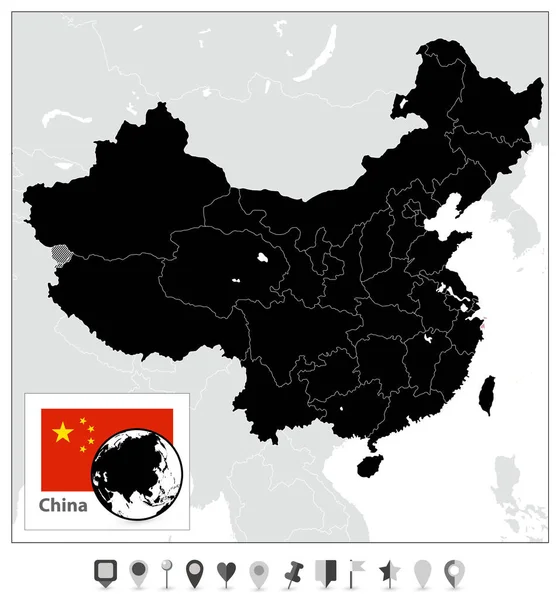 China schwarze Karte und flache Kartenmarkierungen. kein Text — Stockvektor