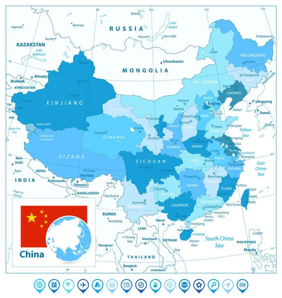 Mapa Číny a mapa ukazatele v barvách modrá — Stockový vektor