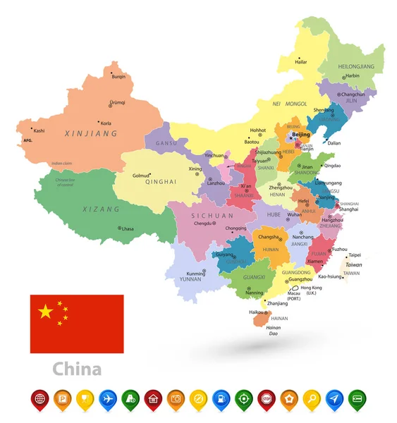 Политическая карта Китая, изолированная от белых и карт — стоковый вектор