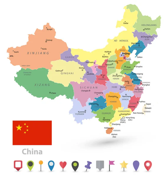 Chiny Mapa polityczna na białym tle na biały i płaska Mapa znaczników — Wektor stockowy