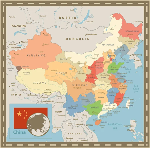 Chiny Mapa polityczna. Kolor Vintage — Wektor stockowy