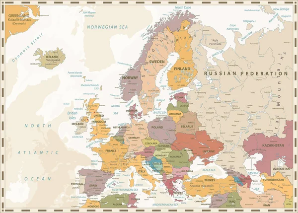 Avrupa siyasi Haritası. Retro renkleri ve Bathymetry