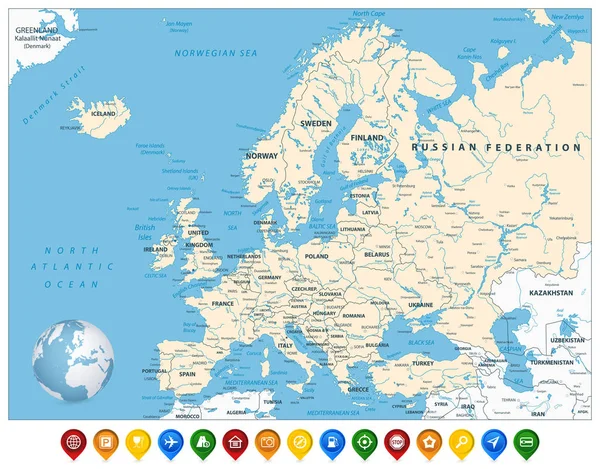 Mappa dettagliata dell'Europa e indicatori di mappa colorata — Vettoriale Stock