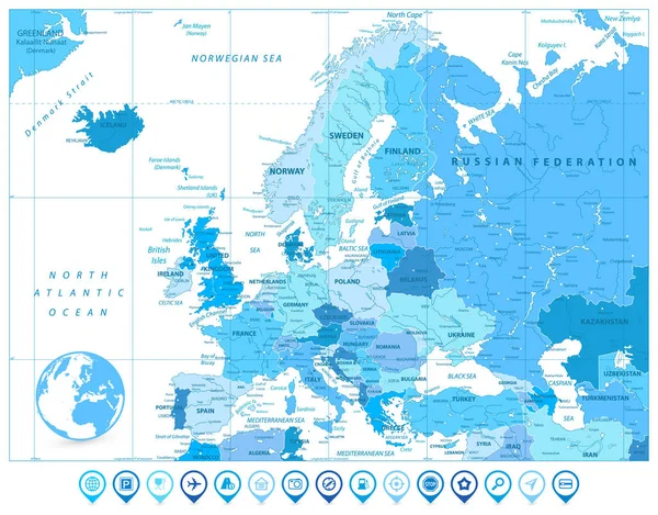 Avrupa harita renkleri mavi ve harita işaretleri — Stok Vektör