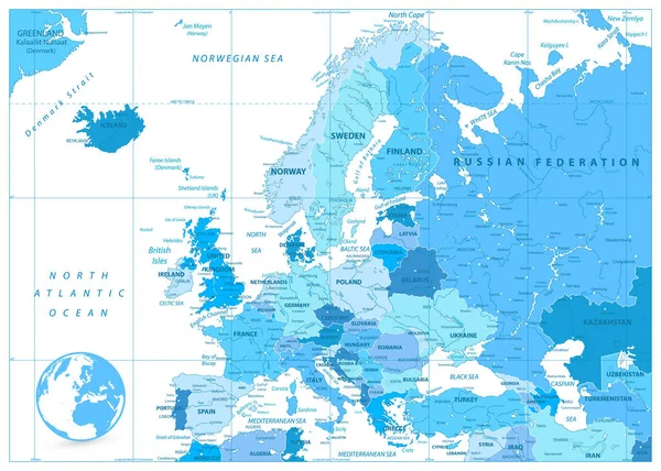 Mavi renklerde Avrupa Haritası — Stok Vektör