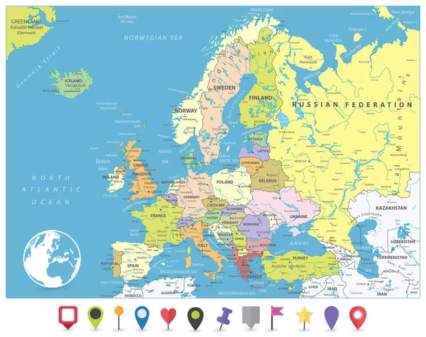 Mapa político de Europa e iconos planos del Pin — Vector de stock