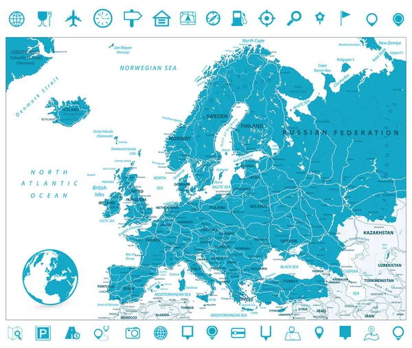 Дорожная карта Европы и навигационные иконки — стоковый вектор