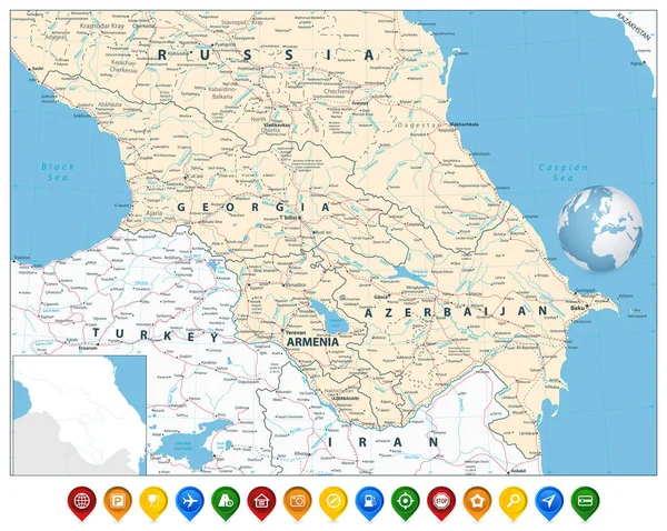 Mapa do Cáucaso e marcadores coloridos do mapa — Vetor de Stock