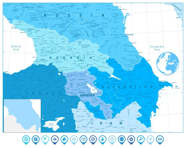 Caucasusen karta i färgerna blå och karta pekare — Stock vektor
