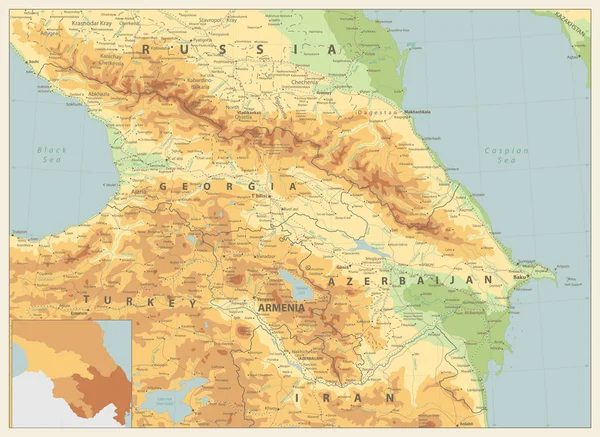 Mapa Físico del Cáucaso Colores Retro — Archivo Imágenes Vectoriales