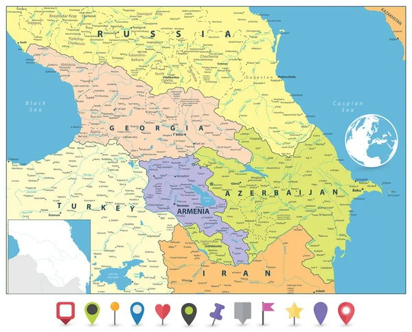 Caucasusen politiska karta och platt karta markörer — Stock vektor