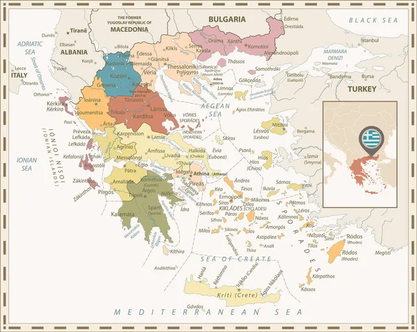 Grekland politiska karta Retro färger — Stock vektor