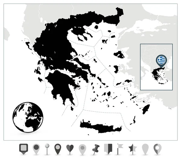 Grekland svart karta och platt karta markörer — Stock vektor