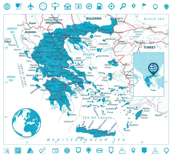 Grekland karta och navigering ikoner — Stock vektor