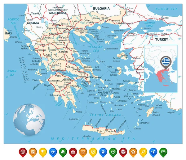 Mapa Grecji i barwna Mapa znaczników — Wektor stockowy