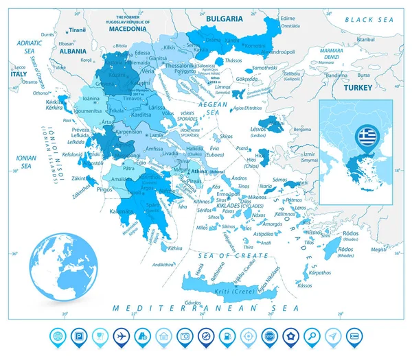 Греция Карта и Карта Маркеры в цветах голубого — стоковый вектор
