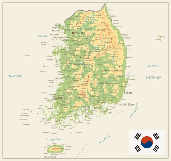 Sydkorea fysisk karta isolerad på Retro vit färg — Stock vektor