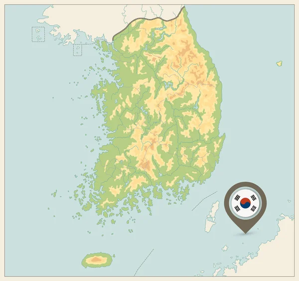 Südkoreas physische Landkarte. Retro-Farben. kein Text — Stockvektor