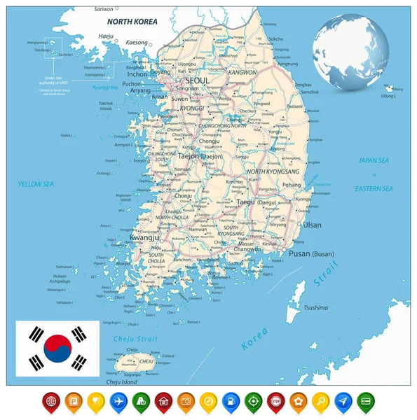 Sydkorea färdplanen och färgglada karta markörer — Stock vektor