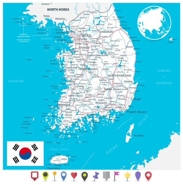 Corea del Sur Hoja de ruta y planos Pin iconos — Vector de stock