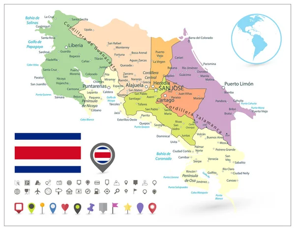 Beyaz ve harita simgeleri izole Kosta Rika idari harita