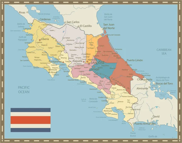 Mapa de Costa Rica Colores Vintage — Archivo Imágenes Vectoriales