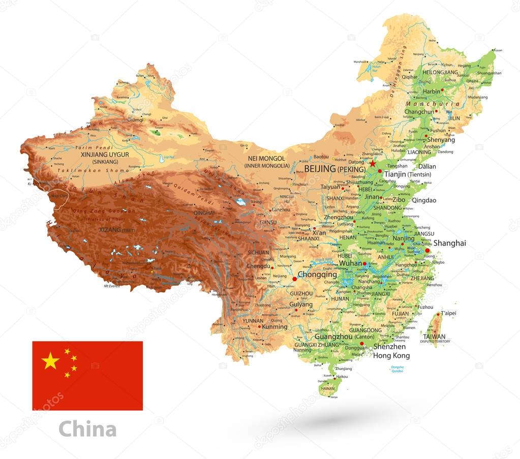 China Physical Map. Isolated on white