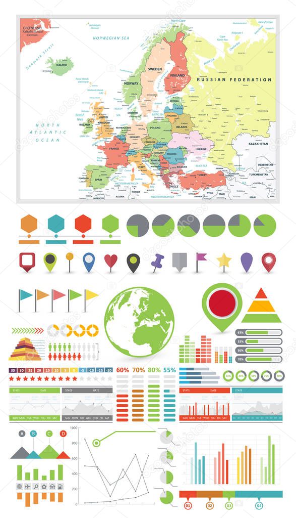 Europe Map and Infographics design elements. On white