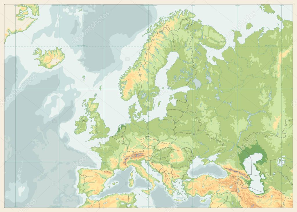 Europe Physical Map. Retro Colors. No text