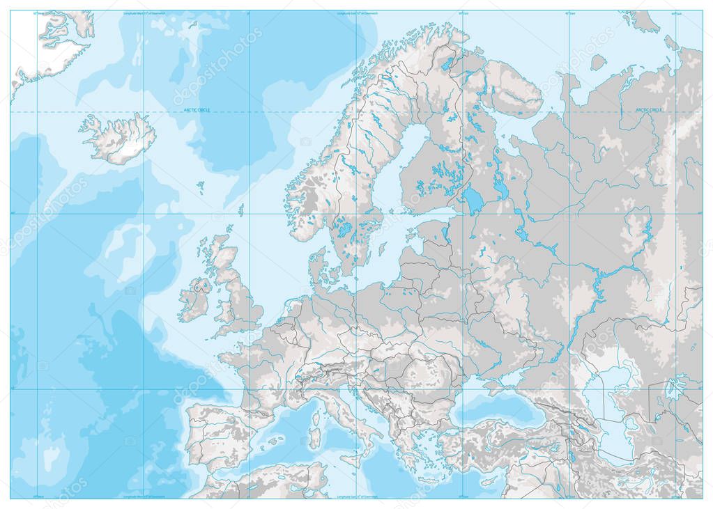 Europe Physical Map. White and Gray. No text