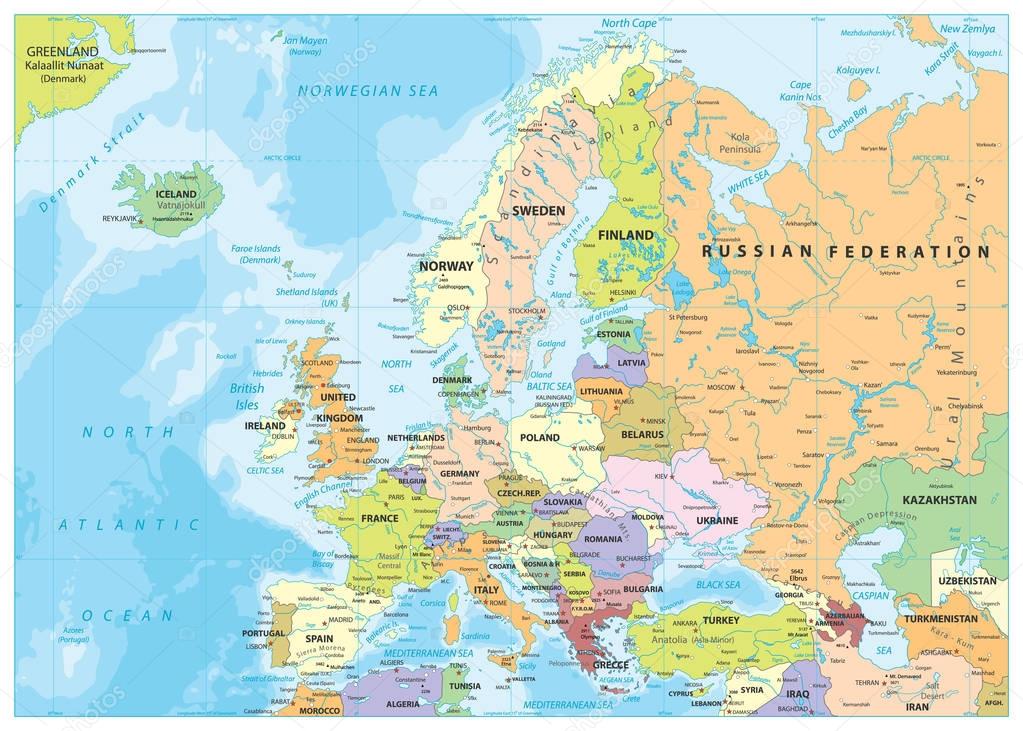 Mapa político y batimetría de Europa 2024