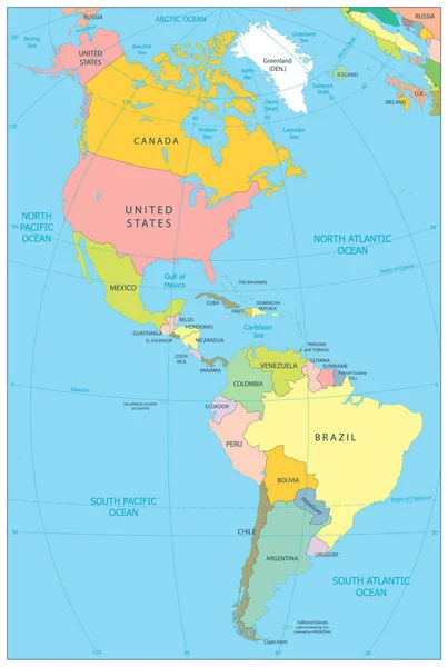 แผนที่การเมืองอเมริกาเหนือและใต้ — ภาพเวกเตอร์สต็อก