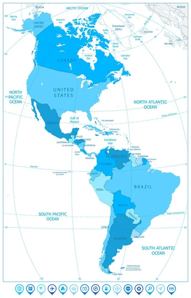 Mapa de América del Norte y del Sur con marcadores de mapa — Archivo Imágenes Vectoriales