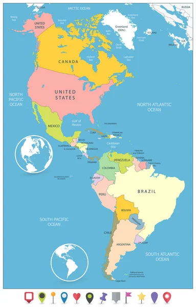 América del Norte y del Sur Mapa político y marcadores planos de mapa — Archivo Imágenes Vectoriales