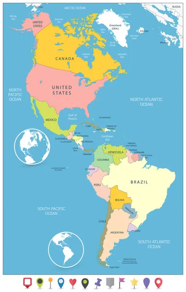 Politieke kaart van Noord- en Zuid-Amerika en vlakke kaart Markers — Stockvector