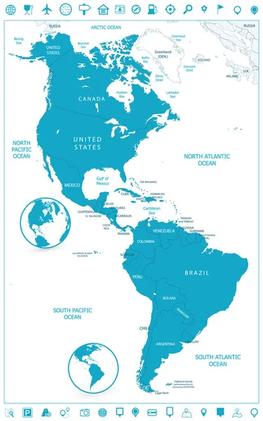America del Nord e del Sud Mappa politica e icone di navigazione — Vettoriale Stock