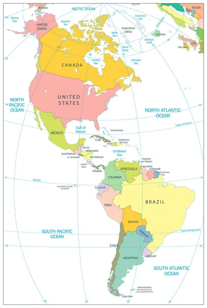 Mapa político da América do Norte e do Sul isolado no branco — Vetor de Stock