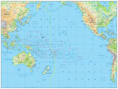 Pasifik Okyanusu Fiziksel Haritası. Batimetri yok