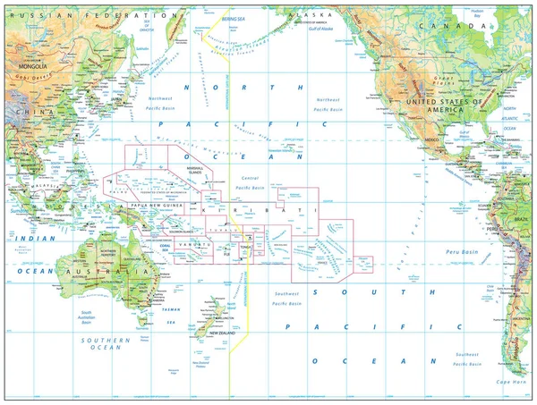 Mappa fisica dell'Oceano Pacifico Isolato su bianco — Vettoriale Stock