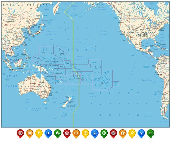 Plattegrond van de Stille Oceaan en gekleurde pictogrammen — Stockvector