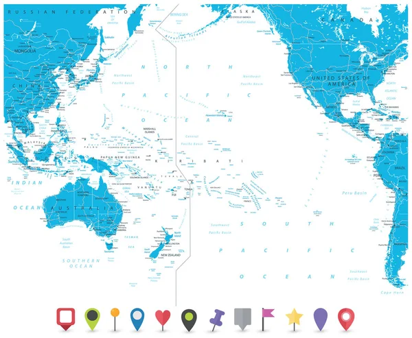 Mappa e strade dell'Oceano Pacifico con icone della mappa — Vettoriale Stock
