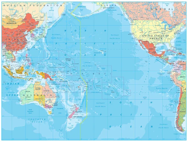 Océano Pacífico Mapa político y batimetría — Archivo Imágenes Vectoriales