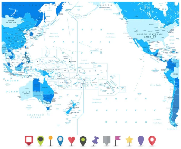Mapa azul do Oceano Pacífico e ícones de navegação — Vetor de Stock