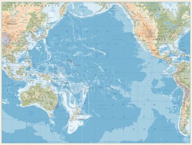 Pasifik Okyanusu Fiziksel Haritası Retro Renkleri