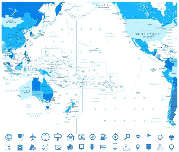 Oceano Pacifico Mappa blu e icone della mappa di navigazione — Vettoriale Stock