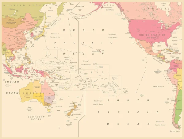 Tichý oceán Politická mapa Vintage Color. Na bílé — Stockový vektor