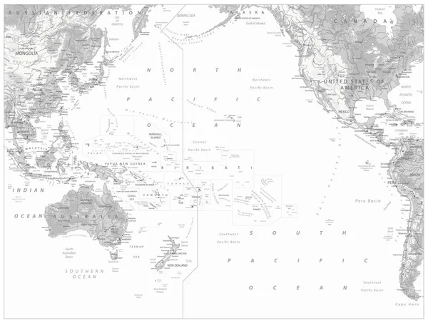 Fysische kaart van de Stille Oceaan Wit en Grijs — Stockvector