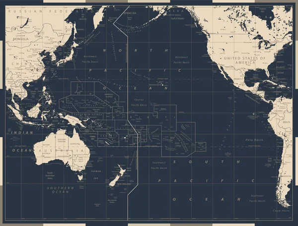 Oceano Pacifico Mappa politica Vecchio colore Vintage — Vettoriale Stock