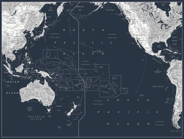Mappa fisica dell'Oceano Pacifico Bianco e Grigio su Nero — Vettoriale Stock