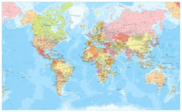 Mapa Del Mundo Político Fronteras Países Carreteras Ciudades Ilustración Detallada — Vector de stock